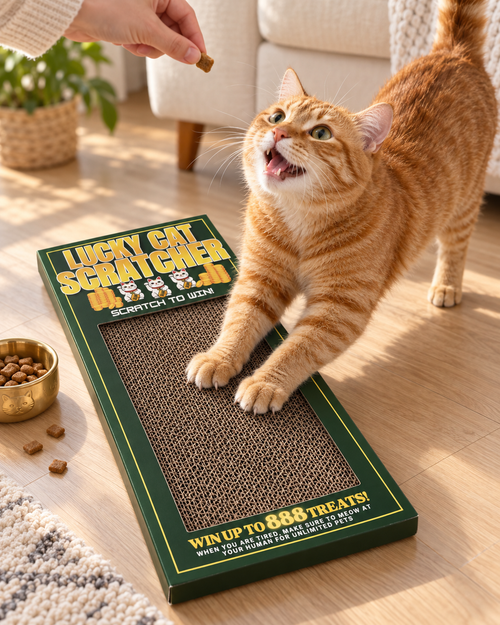 An orange tabby cat stretches its paw on a green and brown cat scratcher toy placed on a light wood floor, while a human hand offers a treat above it. The box reads 'LUCKY CAT SCRATCH CHANGED' and 'WIN UP TO 888 TREATS!'.