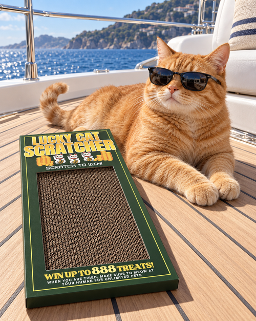 Orange cat in sunglasses lounging on a yacht next to the Lucky Cat Scratcher lottery ticket cat scratcher